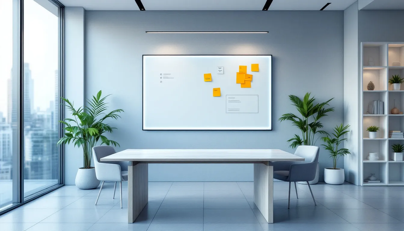 The concept of virtual obeya rooms in a modern workspace.