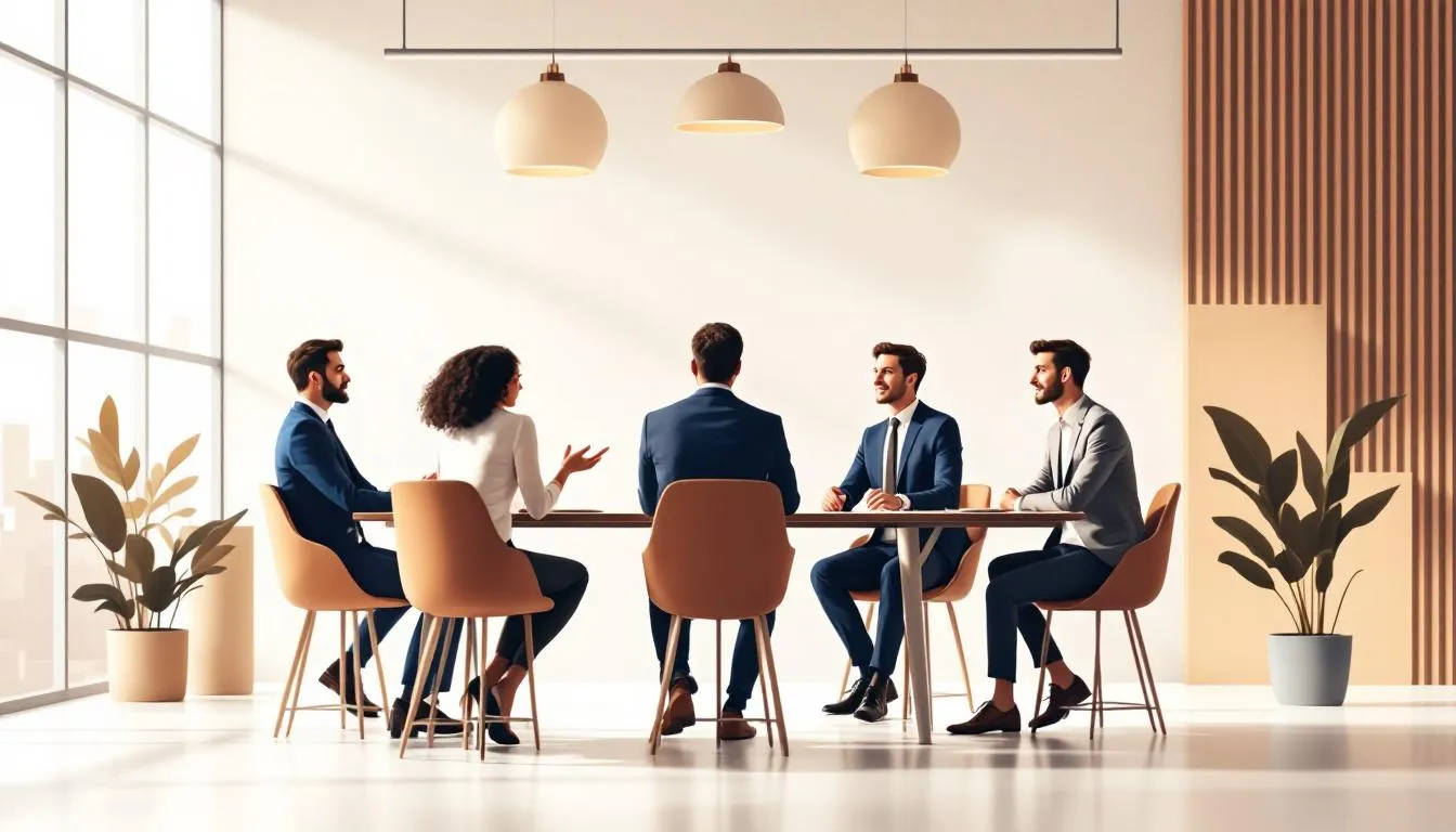 A group of professionals discussing lean training in the UK.