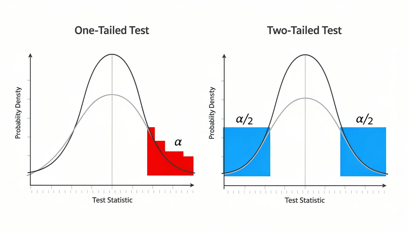 The image depicts two bell curves illustrating the concepts of one-tailed and two-tailed statistical tests, highlighting the areas under the curves that represent the null hypothesis and the alternative hypothesis. This visual aids in understanding how statistical significance is determined, helping to reject the null hypothesis based on observed data and calculated probability values.