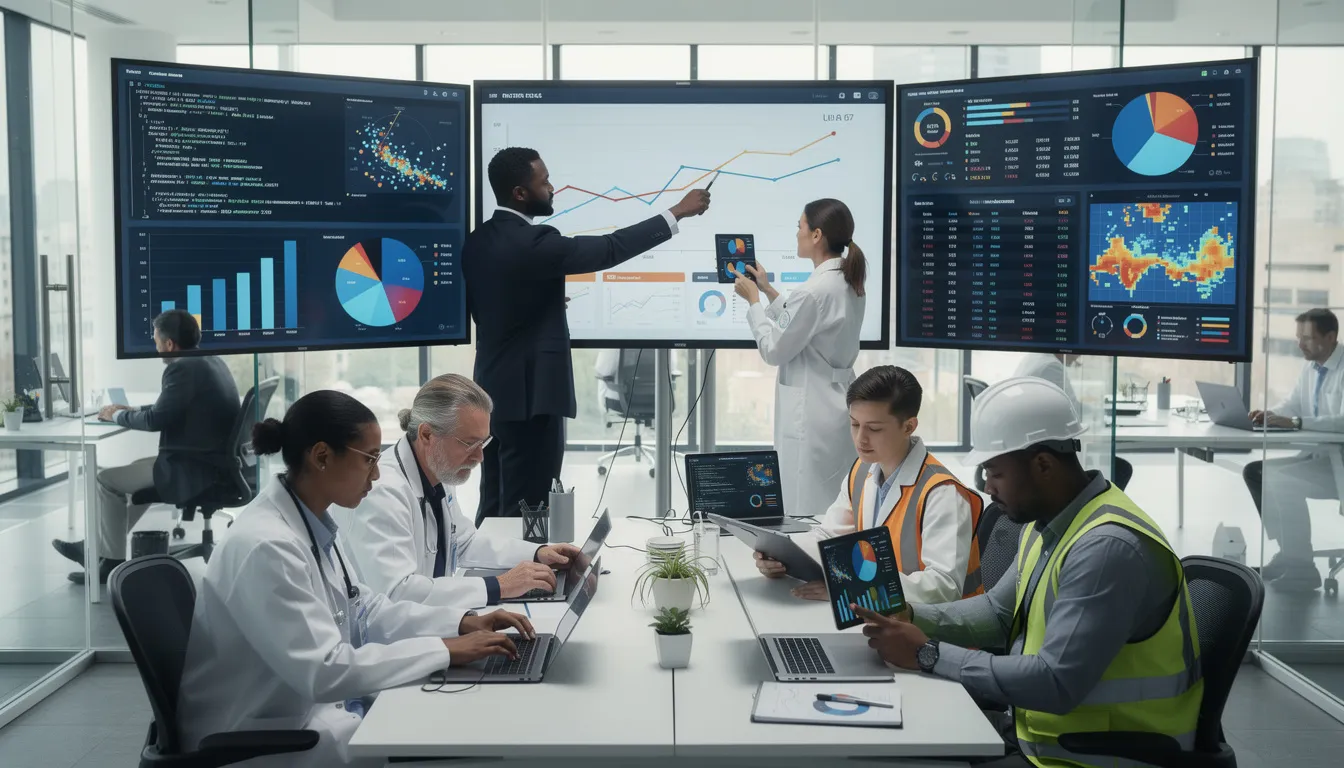 The image depicts a group of diverse professionals from various fields collaborating on statistical data analysis, discussing concepts such as hypothesis testing and statistical significance. They are engaged in a productive environment, utilizing statistical software to evaluate the observed data and draw meaningful conclusions from their research.