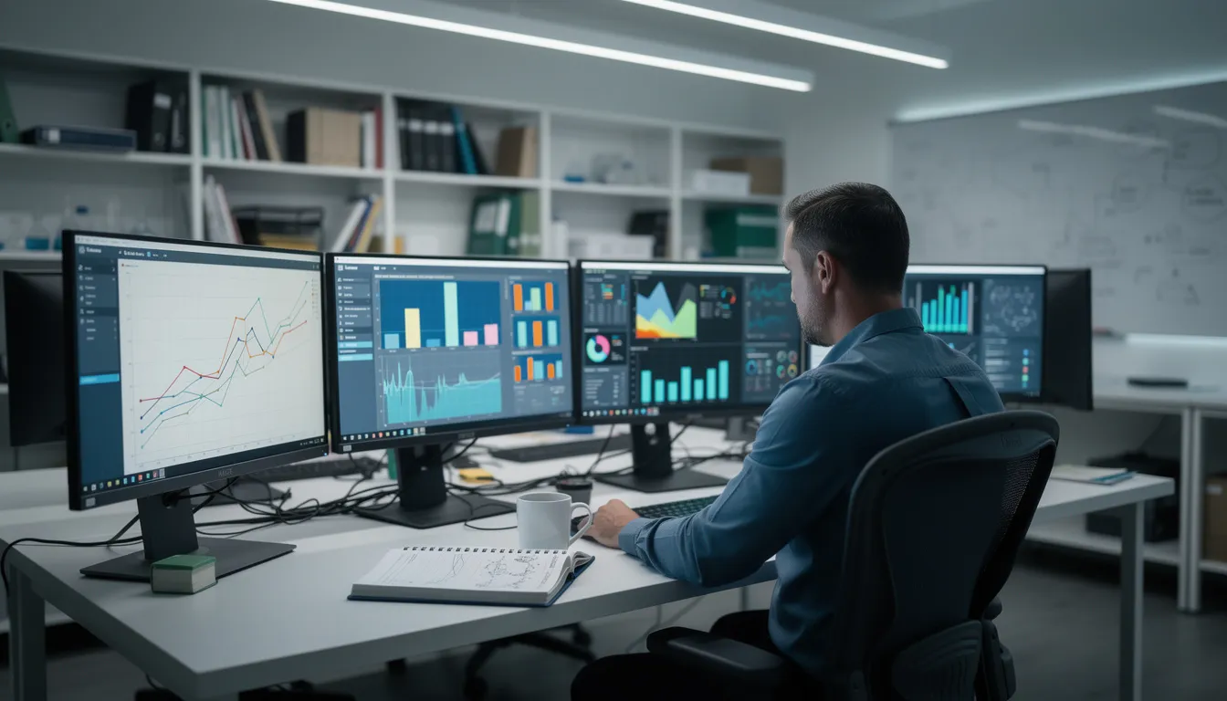 The image depicts a researcher intently reviewing multiple data analyses displayed on computer monitors, focusing on statistical significance and hypothesis testing. The screens likely show results related to p values, confidence intervals, and the null hypothesis, essential for making informed decisions in scientific research.