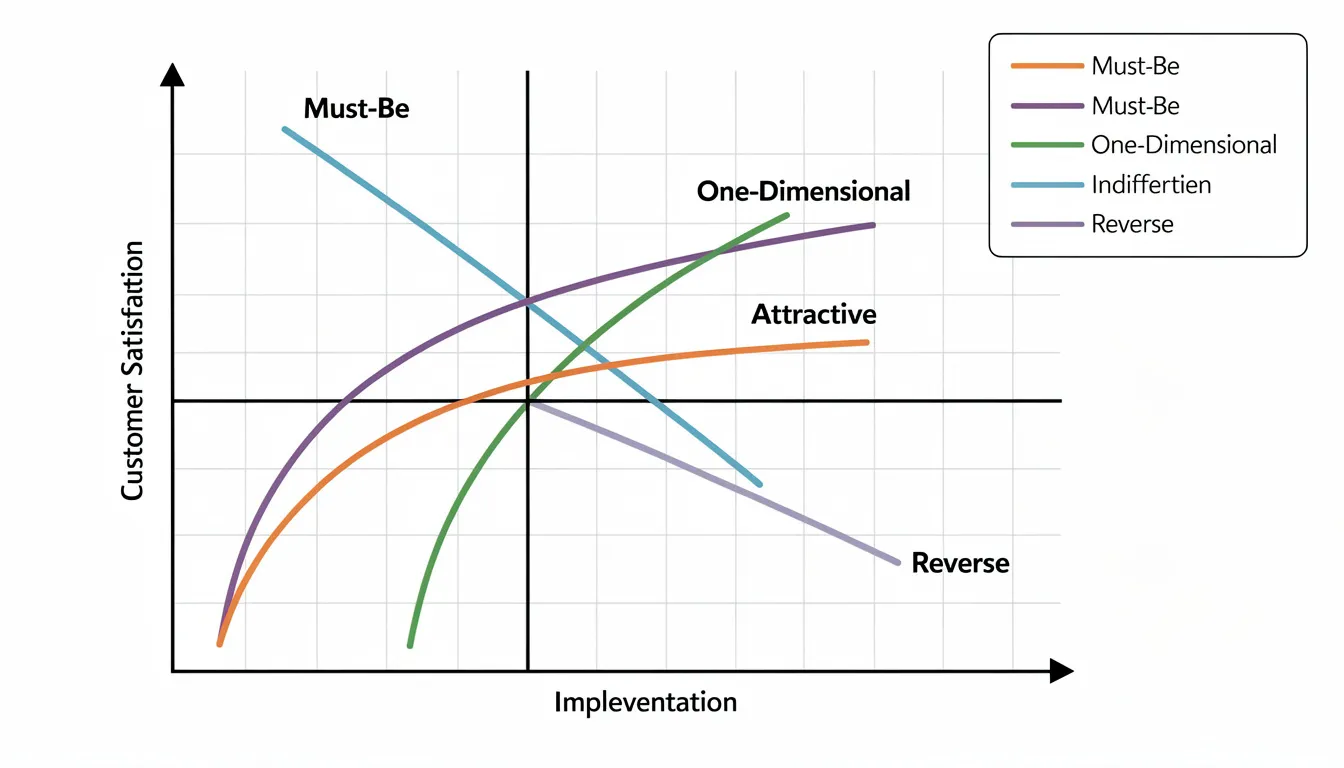 The image depicts the five Kano categories plotted on a graph with customer satisfaction on the vertical axis and implementation levels on the horizontal axis, illustrating how different product features, such as basic, performance, and attractive features, can influence customer expectations and overall satisfaction. This visual representation aids product managers in prioritising features based on customer feedback and enhancing customer satisfaction.